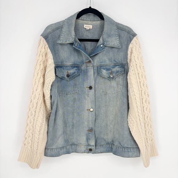 POL Lightwash Denim Cream Crochet Sleeve Jacket Size XL - Picture 3 of 7